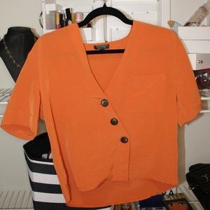 Topshop Orange Buttoned Short Sleeve V-Neck Blouse Size 2 (Small)